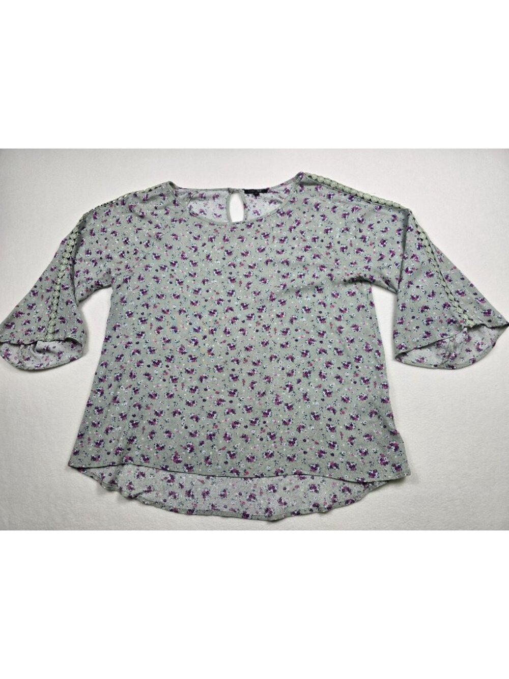 Papermoon Womens Floral Print Blouse Small Keyhole Back Green & Purple